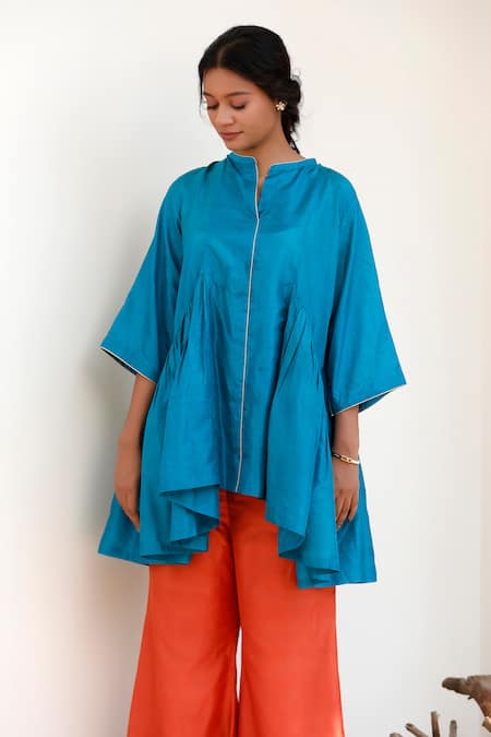 Shop Eeda Blue Silk Embroidery Round Neck Flared Top And Orange Pant Set Online at Aza Fashions Shop_Eeda_Blue Silk Embroidery Round Neck Flared Top And Orange Pant Set _Online_at_Aza_Fashions