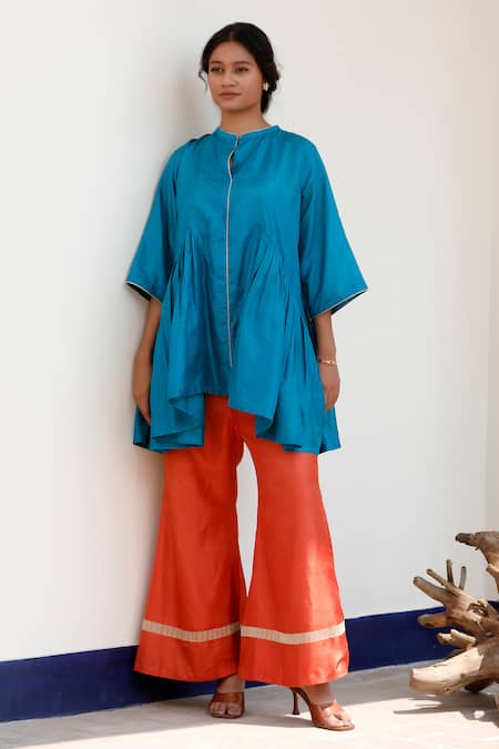 Eeda Blue Flared Top & Orange Pant Set 