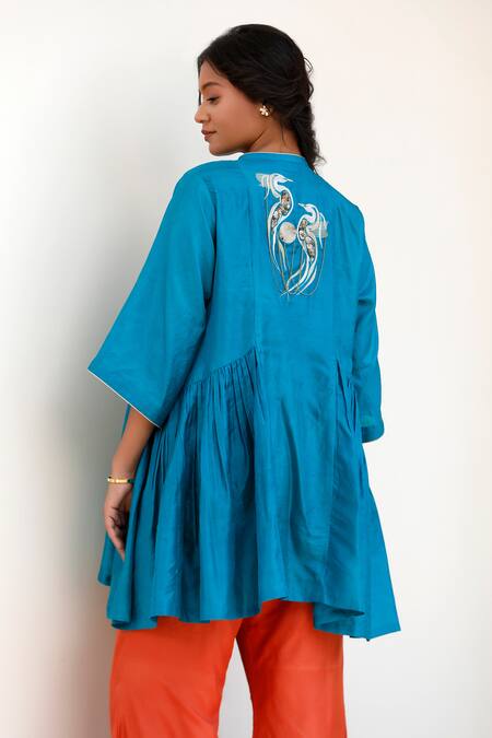 Eeda Blue Silk Embroidery Round Neck Flared Top And Orange Pant Set at Aza Fashions Eeda_Blue Silk Embroidery Round Neck Flared Top And Orange Pant Set _at_Aza_Fashions