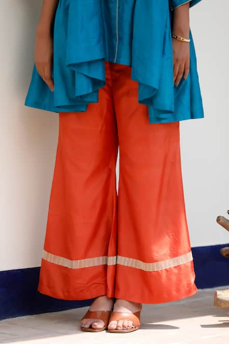 Buy Eeda Blue Silk Embroidery Round Neck Flared Top And Orange Pant Set Buy_Eeda_Blue Silk Embroidery Round Neck Flared Top And Orange Pant Set