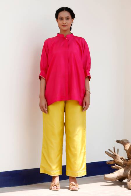 Eeda Pink Embroidery Collared Top And Yellow Pant Set Online at Aza Fashions Eeda_Pink Embroidery Collared Top And Yellow Pant Set _Online_at_Aza_Fashions