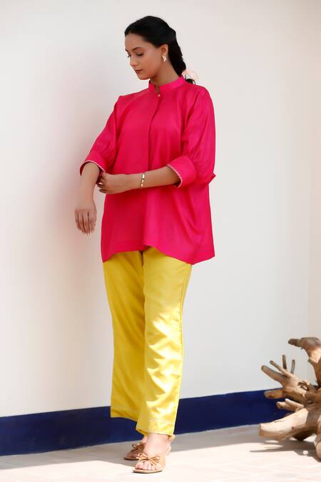 Buy Eeda Pink Embroidery Collared Top And Yellow Pant Set Online at Aza Fashions Buy_Eeda_Pink Embroidery Collared Top And Yellow Pant Set _Online_at_Aza_Fashions