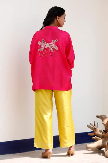 Shop Eeda Pink Embroidery Collared Top And Yellow Pant Set at Aza Fashions Shop_Eeda_Pink Embroidery Collared Top And Yellow Pant Set _at_Aza_Fashions