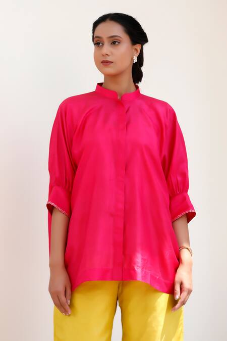 Eeda Pink Embroidery Collared Top And Yellow Pant Set at Aza Fashions Eeda_Pink Embroidery Collared Top And Yellow Pant Set _at_Aza_Fashions