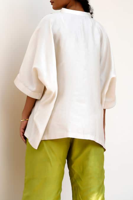 Shop Eeda Ivory Embroidery Split V-neck Kaftan With Green Slit Pant at Aza Fashions Shop_Eeda_Ivory Embroidery Split V-neck Kaftan With Green Slit Pant _at_Aza_Fashions