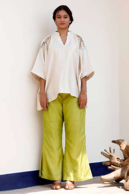 Buy Eeda Ivory Embroidery Split V-neck Kaftan With Green Slit Pant Online at Aza Fashions Buy_Eeda_Ivory Embroidery Split V-neck Kaftan With Green Slit Pant _Online_at_Aza_Fashions