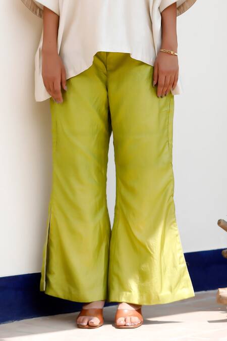 Shop Eeda Ivory Embroidery Split V-neck Kaftan With Green Slit Pant Online at Aza Fashions Shop_Eeda_Ivory Embroidery Split V-neck Kaftan With Green Slit Pant _Online_at_Aza_Fashions