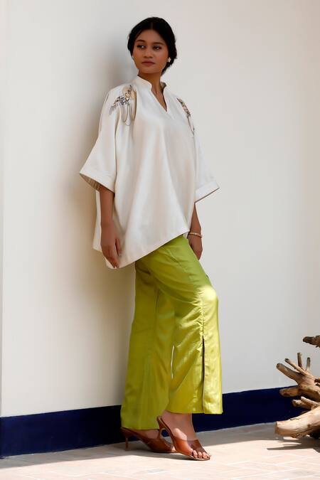 Eeda Ivory Embroidery Split V-neck Kaftan With Green Slit Pant at Aza Fashions Eeda_Ivory Embroidery Split V-neck Kaftan With Green Slit Pant _at_Aza_Fashions