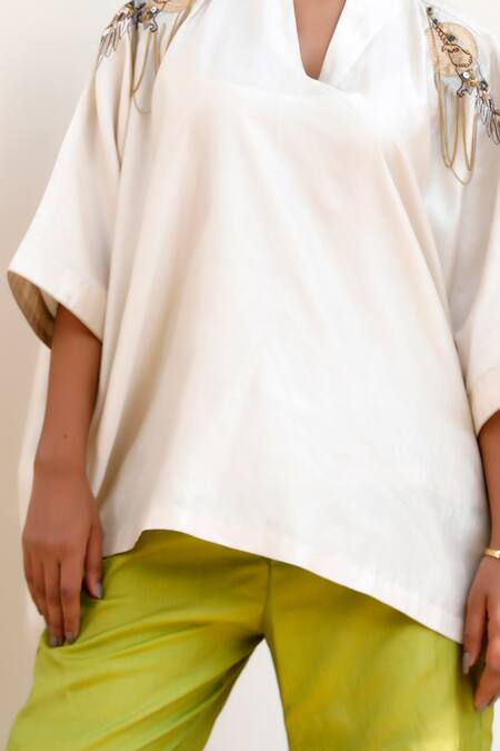 Buy Eeda Ivory Embroidery Split V-neck Kaftan With Green Slit Pant Buy_Eeda_Ivory Embroidery Split V-neck Kaftan With Green Slit Pant