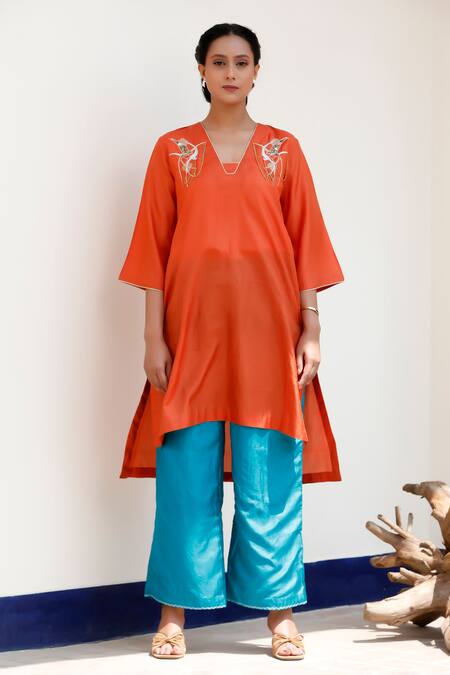 Eeda Orange Silk Embroidery Kurta Set With Blue Pant Online at Aza Fashions Eeda_Orange Silk Embroidery Kurta Set With Blue Pant _Online_at_Aza_Fashions