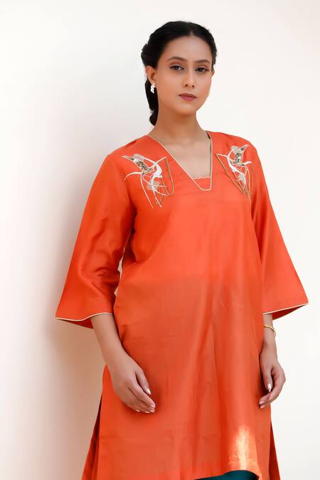 Buy Eeda Orange Silk Embroidery Kurta Set With Blue Pant Online at Aza Fashions Buy_Eeda_Orange Silk Embroidery Kurta Set With Blue Pant _Online_at_Aza_Fashions