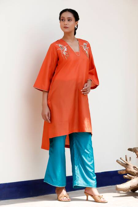 Shop Eeda Orange Silk Embroidery Kurta Set With Blue Pant Online at Aza Fashions Shop_Eeda_Orange Silk Embroidery Kurta Set With Blue Pant _Online_at_Aza_Fashions