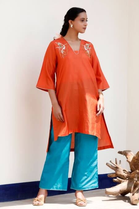 Eeda Orange Silk Embroidery Kurta Set With Blue Pant at Aza Fashions Eeda_Orange Silk Embroidery Kurta Set With Blue Pant _at_Aza_Fashions