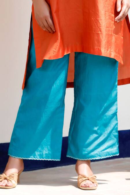 Buy Eeda Orange Silk Embroidery Kurta Set With Blue Pant Buy_Eeda_Orange Silk Embroidery Kurta Set With Blue Pant