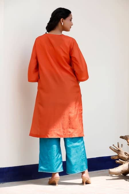 Shop Eeda Orange Silk Embroidery Kurta Set With Blue Pant at Aza Fashions Shop_Eeda_Orange Silk Embroidery Kurta Set With Blue Pant _at_Aza_Fashions