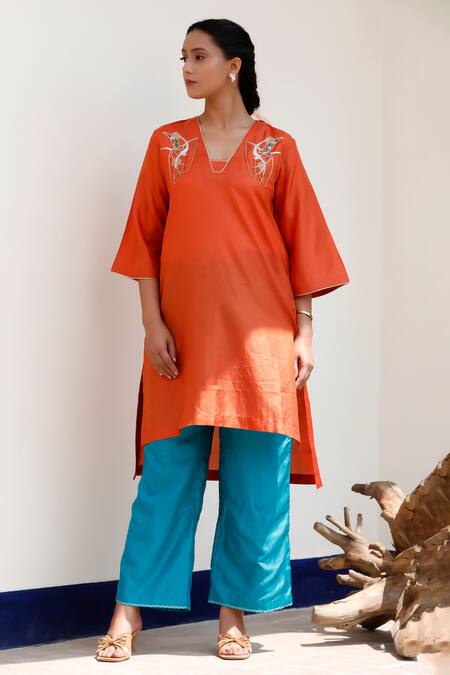Shop Eeda Orange Silk Embroidery Kurta Set With Blue Pant Shop_Eeda_Orange Silk Embroidery Kurta Set With Blue Pant