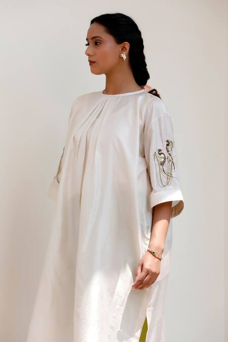 Eeda Ivory Silk Embroidery Open Neck Kurta Set With Green Straight Pant Online at Aza Fashions Eeda_Ivory Silk Embroidery Open Neck Kurta Set With Green Straight Pant _Online_at_Aza_Fashions