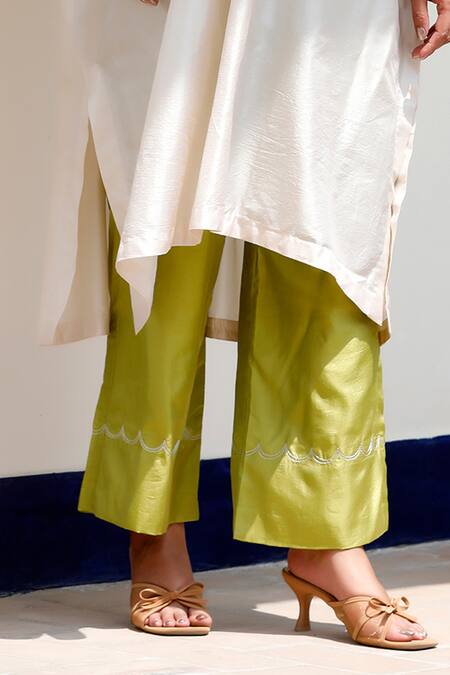 Buy Eeda Ivory Silk Embroidery Open Neck Kurta Set With Green Straight Pant Online at Aza Fashions Buy_Eeda_Ivory Silk Embroidery Open Neck Kurta Set With Green Straight Pant _Online_at_Aza_Fashions