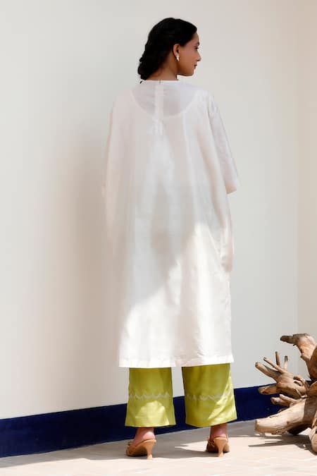 Shop Eeda Ivory Silk Embroidery Open Neck Kurta Set With Green Straight Pant at Aza Fashions Shop_Eeda_Ivory Silk Embroidery Open Neck Kurta Set With Green Straight Pant _at_Aza_Fashions