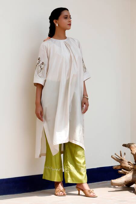 Eeda Ivory Silk Embroidery Open Neck Kurta Set With Green Straight Pant at Aza Fashions Eeda_Ivory Silk Embroidery Open Neck Kurta Set With Green Straight Pant _at_Aza_Fashions