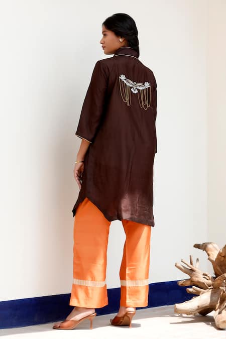Shop Eeda Brown Silk Embroidery Kurta Set With Orange Pant at Aza Fashions Shop_Eeda_Brown Silk Embroidery Kurta Set With Orange Pant _at_Aza_Fashions