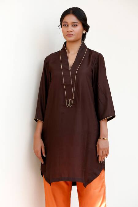 Eeda Brown Silk Embroidery Kurta Set With Orange Pant Online at Aza Fashions Eeda_Brown Silk Embroidery Kurta Set With Orange Pant _Online_at_Aza_Fashions