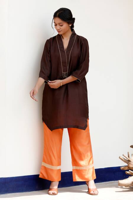 Buy Eeda Brown Silk Embroidery Kurta Set With Orange Pant Online at Aza Fashions Buy_Eeda_Brown Silk Embroidery Kurta Set With Orange Pant _Online_at_Aza_Fashions