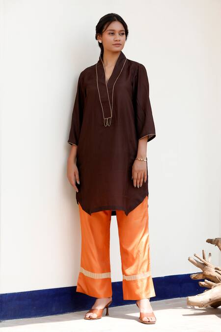 Shop Eeda Brown Silk Embroidery Kurta Set With Orange Pant Online at Aza Fashions Shop_Eeda_Brown Silk Embroidery Kurta Set With Orange Pant _Online_at_Aza_Fashions