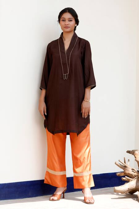 Eeda Brown Silk Embroidery Kurta Set With Orange Pant at Aza Fashions Eeda_Brown Silk Embroidery Kurta Set With Orange Pant _at_Aza_Fashions