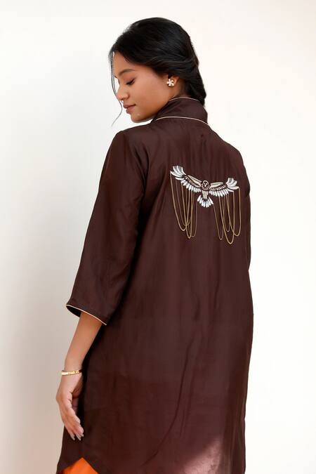 Buy Eeda Brown Silk Embroidery Kurta Set With Orange Pant Buy_Eeda_Brown Silk Embroidery Kurta Set With Orange Pant