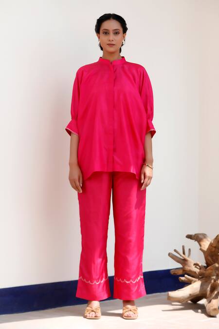 Eeda Pink Silk Embroidery Mandarin Collar Pure Top And Pant Set Online at Aza Fashions Eeda_Pink Silk Embroidery Mandarin Collar Pure Top And Pant Set _Online_at_Aza_Fashions