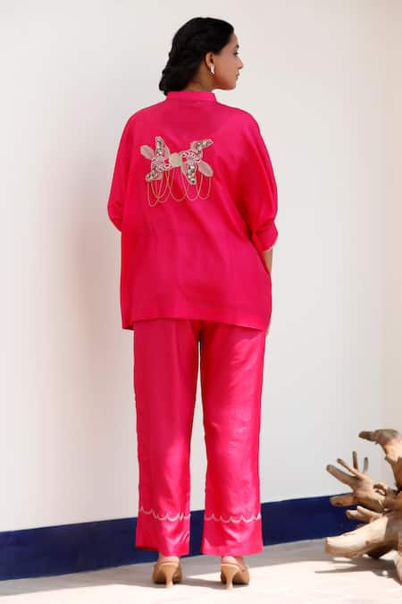Shop Eeda Pink Silk Embroidery Mandarin Collar Pure Top And Pant Set at Aza Fashions Shop_Eeda_Pink Silk Embroidery Mandarin Collar Pure Top And Pant Set _at_Aza_Fashions