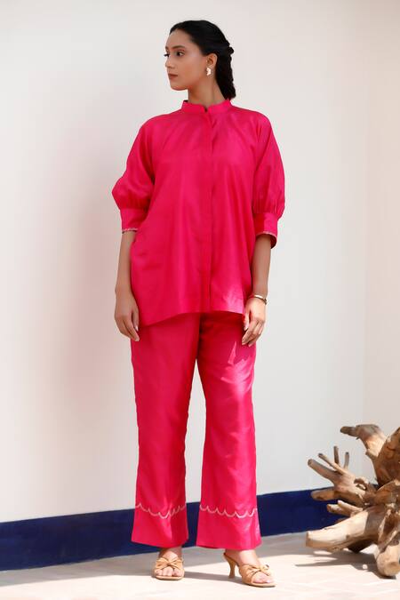 Buy Eeda Pink Silk Embroidery Mandarin Collar Pure Top And Pant Set Online at Aza Fashions Buy_Eeda_Pink Silk Embroidery Mandarin Collar Pure Top And Pant Set _Online_at_Aza_Fashions
