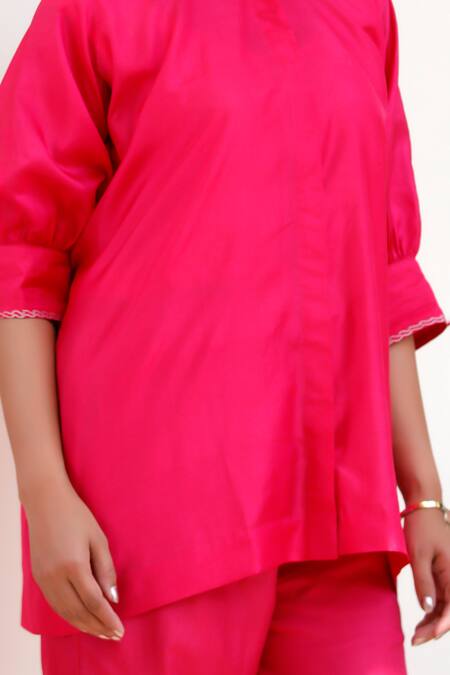 Shop Eeda Pink Silk Embroidery Mandarin Collar Pure Top And Pant Set Online at Aza Fashions Shop_Eeda_Pink Silk Embroidery Mandarin Collar Pure Top And Pant Set _Online_at_Aza_Fashions