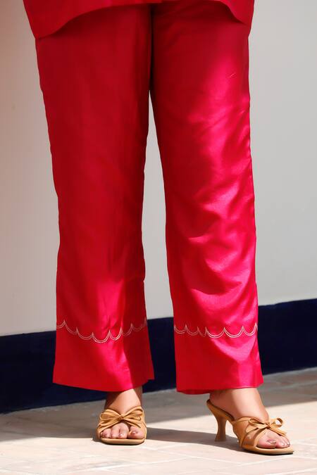 Eeda Pink Silk Embroidery Mandarin Collar Pure Top And Pant Set at Aza Fashions Eeda_Pink Silk Embroidery Mandarin Collar Pure Top And Pant Set _at_Aza_Fashions