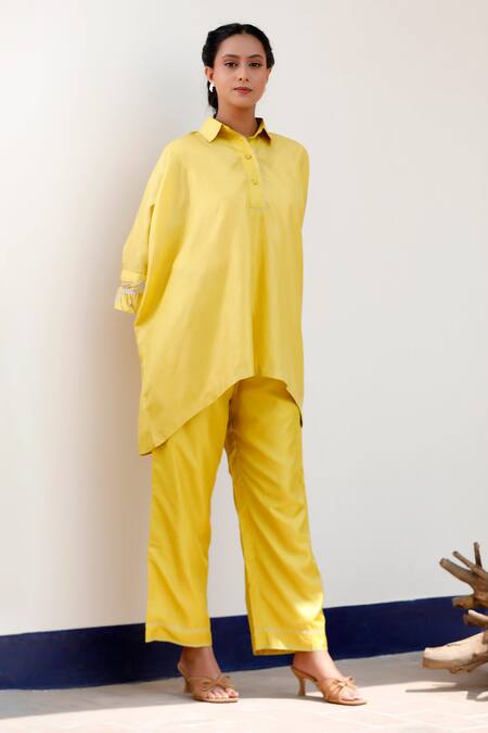 Eeda Yellow Silk Embroidery Collared Kaftan And Pant Set Online at Aza Fashions Eeda_Yellow Silk Embroidery Collared Kaftan And Pant Set _Online_at_Aza_Fashions