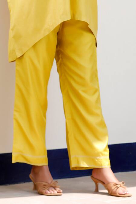 Buy Eeda Yellow Silk Embroidery Collared Kaftan And Pant Set Online at Aza Fashions Buy_Eeda_Yellow Silk Embroidery Collared Kaftan And Pant Set _Online_at_Aza_Fashions