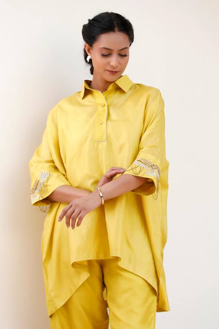 Shop Eeda Yellow Silk Embroidery Collared Kaftan And Pant Set Online at Aza Fashions Shop_Eeda_Yellow Silk Embroidery Collared Kaftan And Pant Set _Online_at_Aza_Fashions