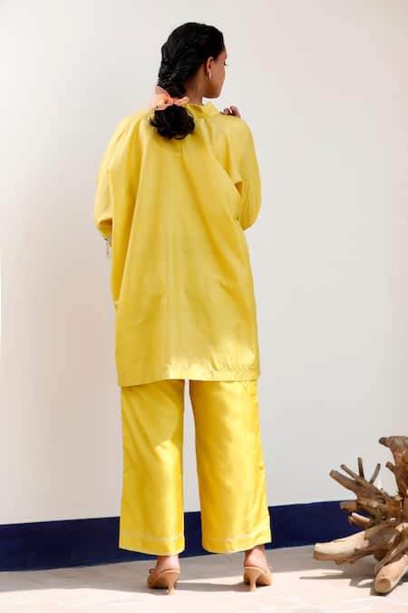 Shop Eeda Yellow Silk Embroidery Collared Kaftan And Pant Set at Aza Fashions Shop_Eeda_Yellow Silk Embroidery Collared Kaftan And Pant Set _at_Aza_Fashions