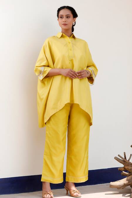 Eeda Yellow Silk Embroidery Collared Kaftan And Pant Set at Aza Fashions Eeda_Yellow Silk Embroidery Collared Kaftan And Pant Set _at_Aza_Fashions