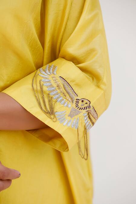 Buy Eeda Yellow Silk Embroidery Collared Kaftan And Pant Set Buy_Eeda_Yellow Silk Embroidery Collared Kaftan And Pant Set