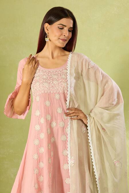 House Of Kotwara Pink Cotton Embroidery Round Neck Kurta Set With Dupatta Online at Aza Fashions House Of Kotwara_Pink Cotton Embroidery Round Neck Kurta Set With Dupatta _Online_at_Aza_Fashions