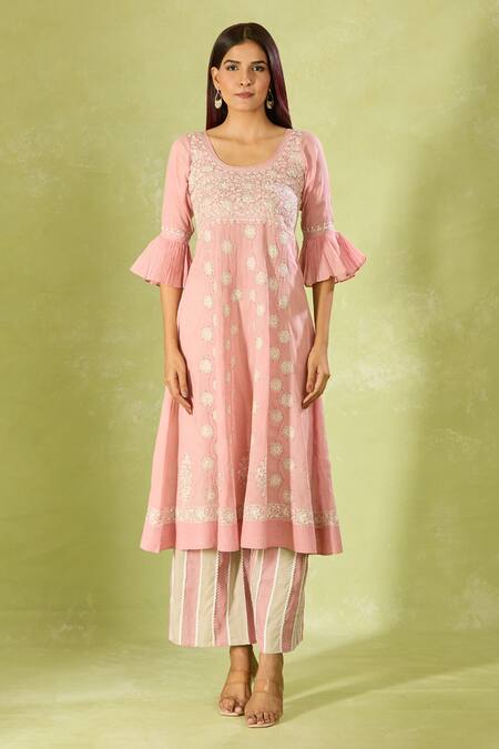 House Of Kotwara Pink Cotton Embroidery Round Neck Kurta Set With Dupatta at Aza Fashions House Of Kotwara_Pink Cotton Embroidery Round Neck Kurta Set With Dupatta _at_Aza_Fashions