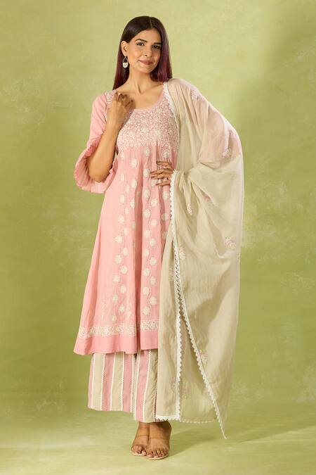 Buy House Of Kotwara Pink Cotton Embroidery Round Neck Kurta Set With Dupatta Buy_House Of Kotwara_Pink Cotton Embroidery Round Neck Kurta Set With Dupatta