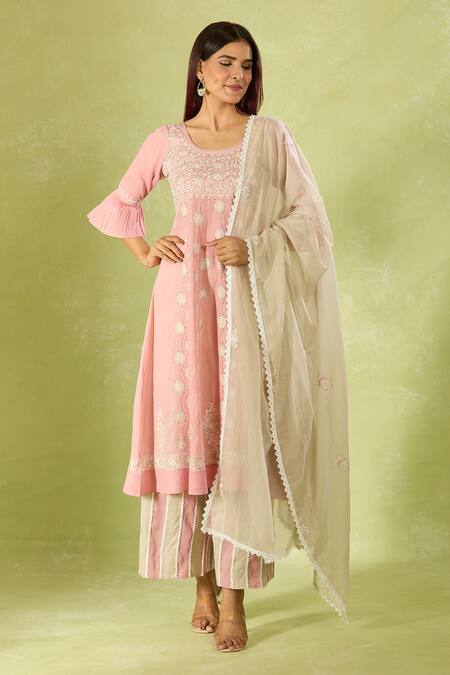 Shop House Of Kotwara Pink Cotton Embroidery Round Neck Kurta Set With Dupatta Shop_House Of Kotwara_Pink Cotton Embroidery Round Neck Kurta Set With Dupatta