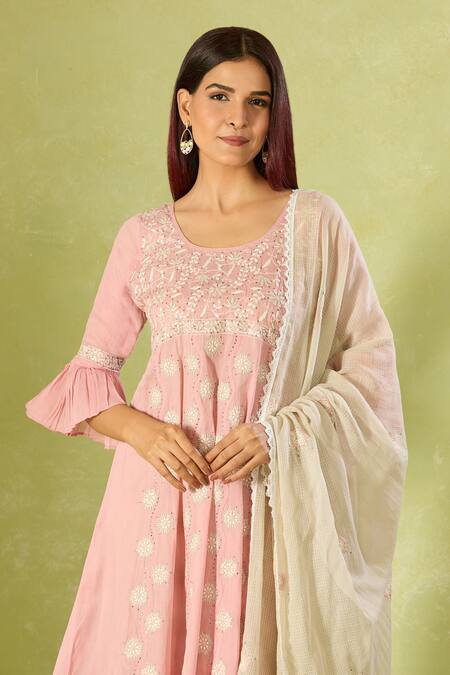 House Of Kotwara Pink Cotton, Organza Embroidery Round Neck Kurta Set With Striped Pant Online at Aza Fashions House Of Kotwara_Pink Cotton, Organza Embroidery Round Neck Kurta Set With Striped Pant _Online_at_Aza_Fashions