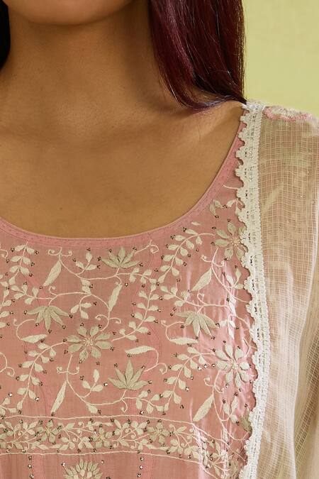 Buy House Of Kotwara Pink Cotton, Organza Embroidery Round Neck Kurta Set With Striped Pant Online at Aza Fashions Buy_House Of Kotwara_Pink Cotton, Organza Embroidery Round Neck Kurta Set With Striped Pant _Online_at_Aza_Fashions