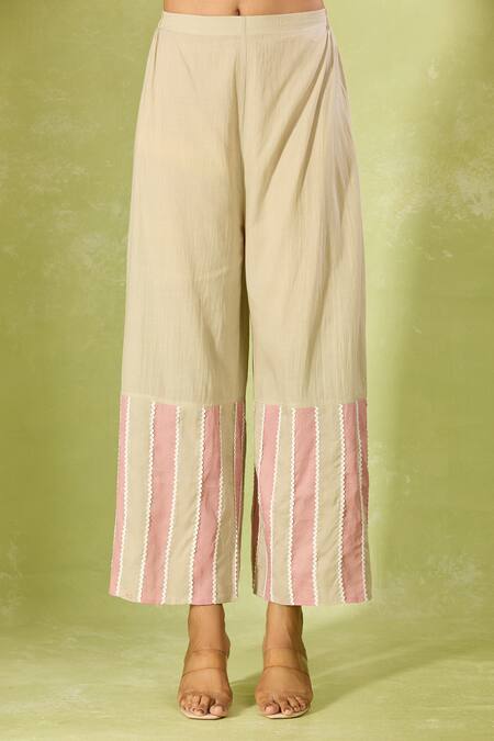 Shop House Of Kotwara Pink Cotton, Organza Embroidery Round Neck Kurta Set With Striped Pant Online at Aza Fashions Shop_House Of Kotwara_Pink Cotton, Organza Embroidery Round Neck Kurta Set With Striped Pant _Online_at_Aza_Fashions