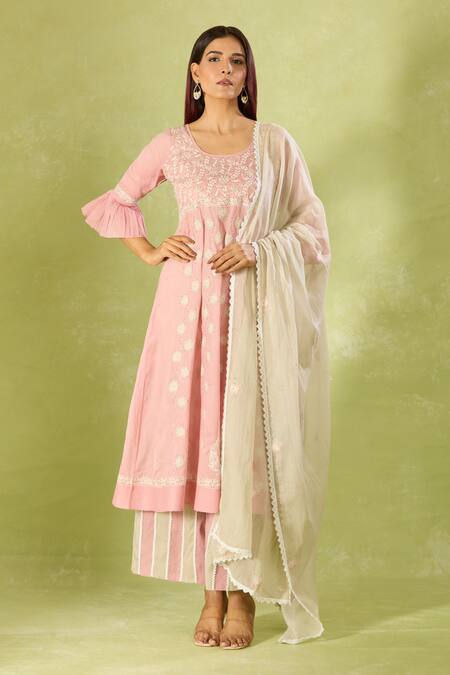House Of Kotwara Pink Cotton, Organza Embroidery Round Neck Kurta Set With Striped Pant at Aza Fashions House Of Kotwara_Pink Cotton, Organza Embroidery Round Neck Kurta Set With Striped Pant _at_Aza_Fashions