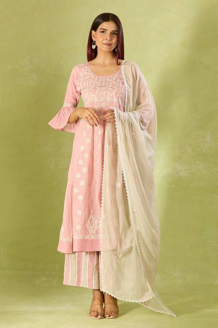 Buy House Of Kotwara Pink Cotton, Organza Embroidery Round Neck Kurta Set With Striped Pant Buy_House Of Kotwara_Pink Cotton, Organza Embroidery Round Neck Kurta Set With Striped Pant